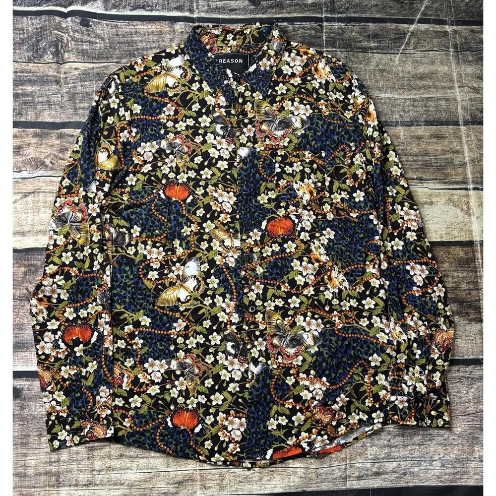 Reason Shirt Men's Large Floral Abstract Butterfly Button Down Viscose